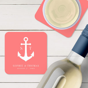 Custom Background Colour Monogram Anchor Wedding Square Paper Coaster