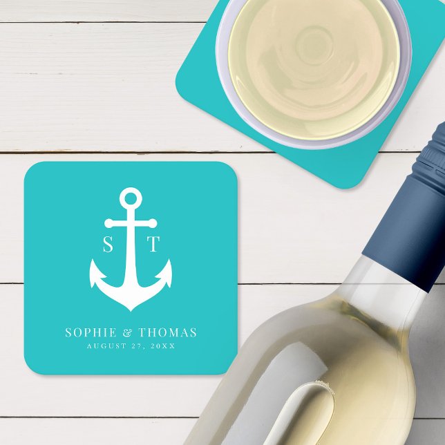 Custom Background Colour Monogram Anchor Wedding Square Paper Coaster (Creator Uploaded)