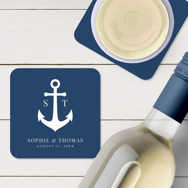 Custom Background Colour Monogram Anchor Wedding Square Paper Coaster (Creator Uploaded)