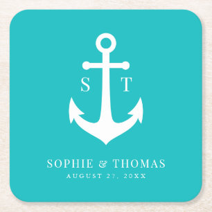 Custom Background Colour Monogram Anchor Wedding Square Paper Coaster