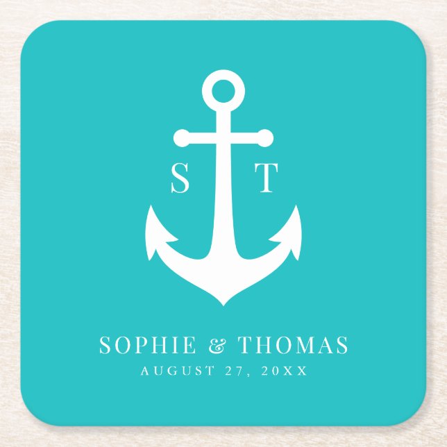 Custom Background Colour Monogram Anchor Wedding Square Paper Coaster (Front)