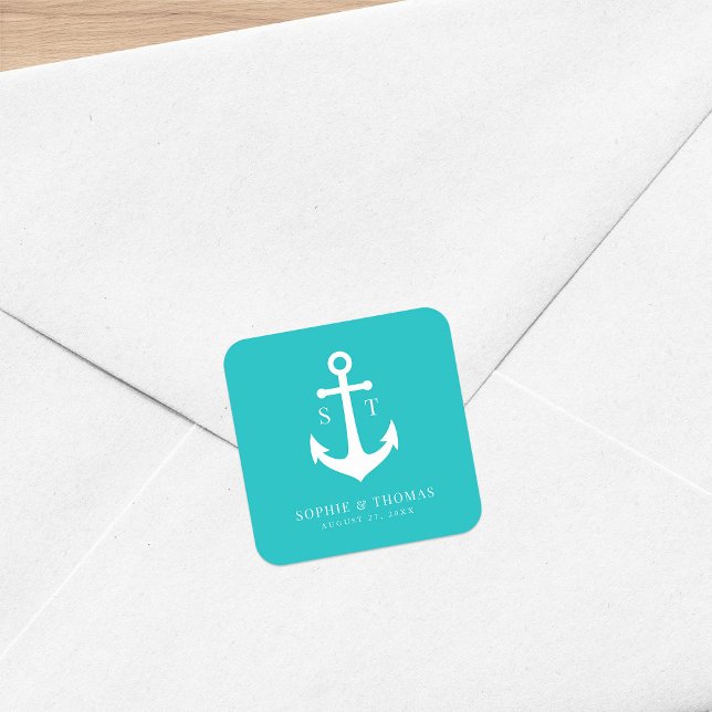 Custom Background Colour Monogram Anchor Wedding Square Sticker (Creator Uploaded)