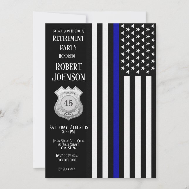 Custom Badge Thin Blue Line Retirement Invitation (Front)