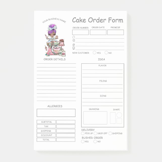 Custom  Bakery Cake Order Form Post-it Notes (Front)