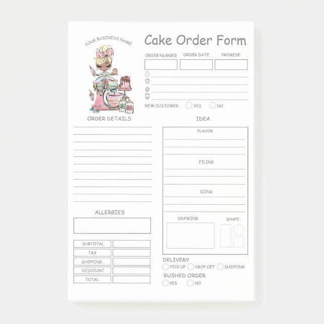 Custom  Bakery Cake Order Form Post-it Notes (Front)