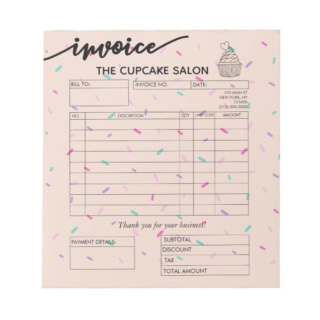 Custom Bakery Pastry Chef Invoice Small Business Notepad (Front)