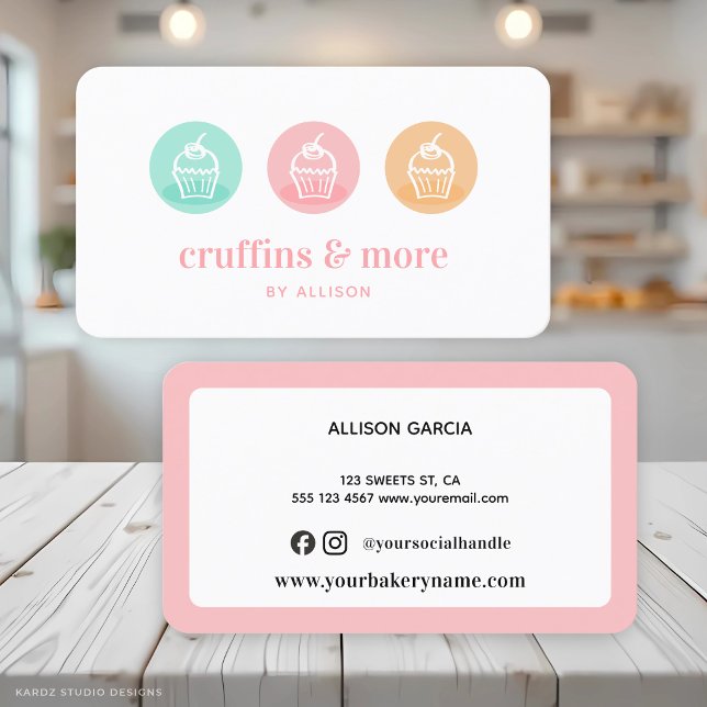 Custom Bakery Sweet Cupcake Business Card (Card shown in standard size with round corners. Choose size and corner style. Packs of 50 cards.)