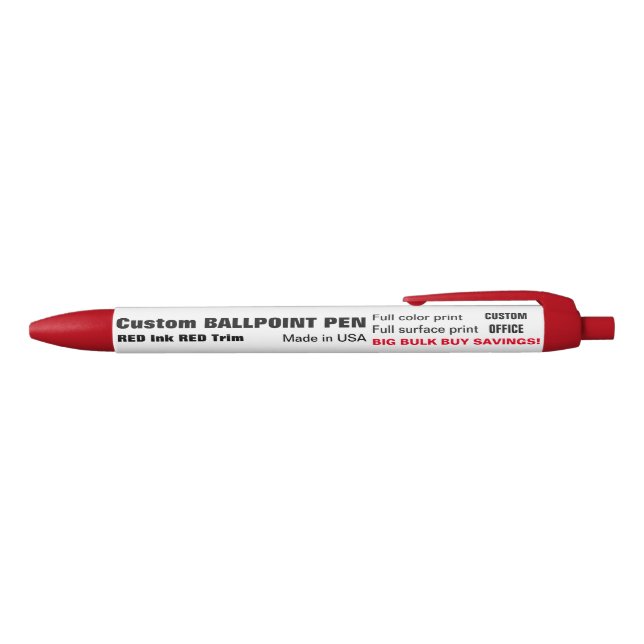 Custom Ballpoint Pen - RED Ink, RED Trim (Top)