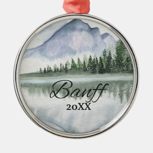 Custom Banff Mountain Lake Trees Metal Tree Decoration (Front)