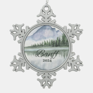 Custom Banff Mountain Lake Trees Snowflake Pewter Christmas Ornament