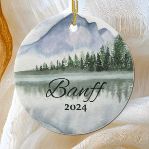 Custom Banff Watercolor Mountain Lake Trees Ceramic Tree Decoration