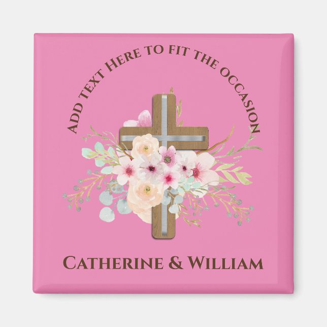 Custom Baptism Communion Confirmation Floral Cross Magnet (Front)