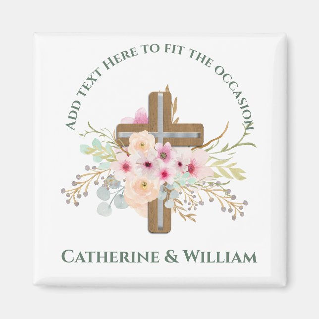 Custom Baptism Communion Confirmation Floral Cross Magnet (Front)