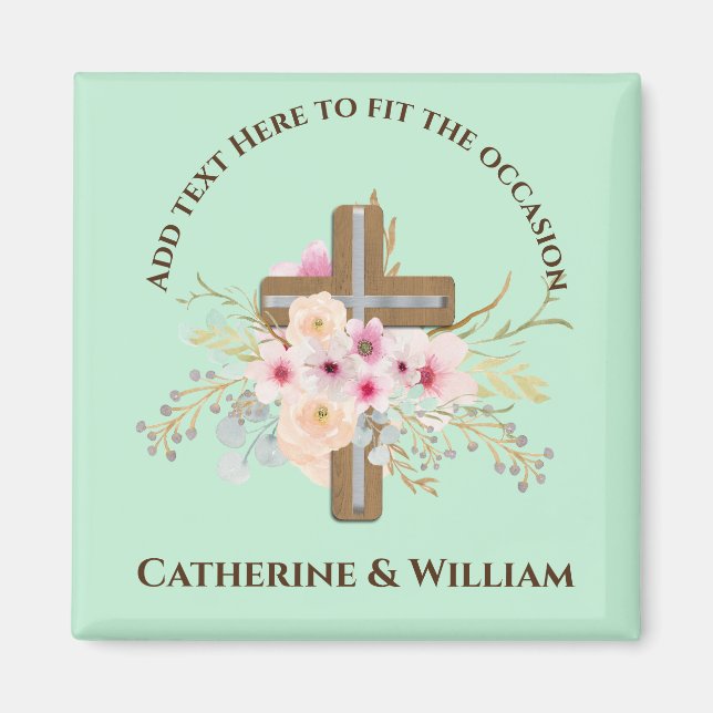 Custom Baptism Communion Confirmation Floral Cross Magnet (Front)