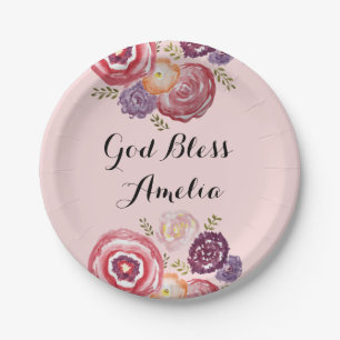 Custom Baptism God Bless Pink Flower Paper Plate