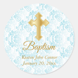 Custom Baptism in Blue, White Damask and Gold Classic Round Sticker