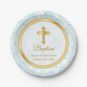 Custom Baptism in Blue, White Damask and Gold Paper Plate