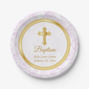 Custom Baptism in Pink, White Damask and Gold Paper Plate