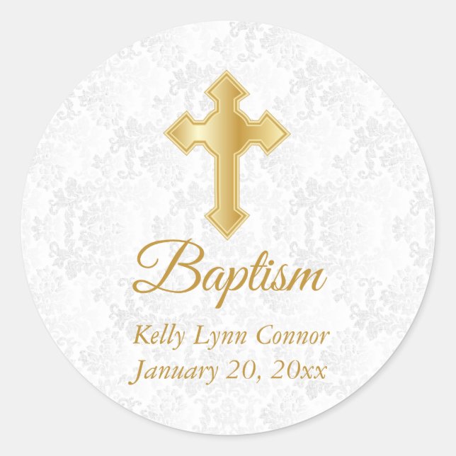 Custom Baptism in  Pretty White Damask and Gold Classic Round Sticker (Front)