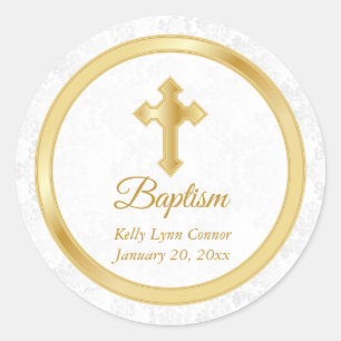 Custom Baptism in Pretty White Damask & Gold 2 Classic Round Sticker