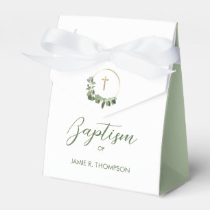 Custom Baptism Modern Green Wreath gold cross Favour Box