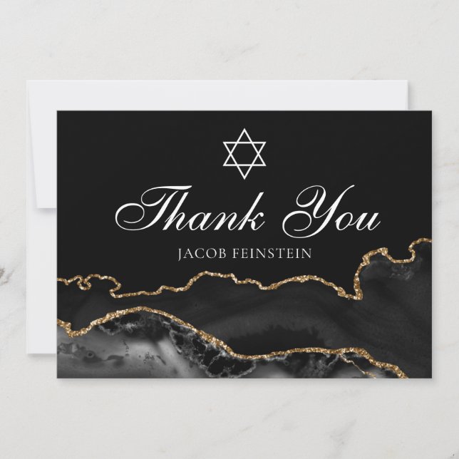 Custom Bar Mitzvah Black Gold Star of David Jewish Thank You Card (Front)