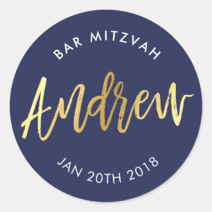 CUSTOM Bar Mitzvah for Andrew navy + gold Classic Round Sticker