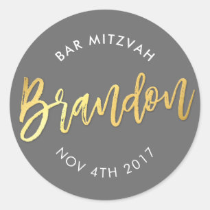 CUSTOM Bar Mitzvah for Brandon grey + gold Classic Round Sticker