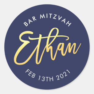 CUSTOM Bar Mitzvah for Ethan navy + gold Classic Round Sticker