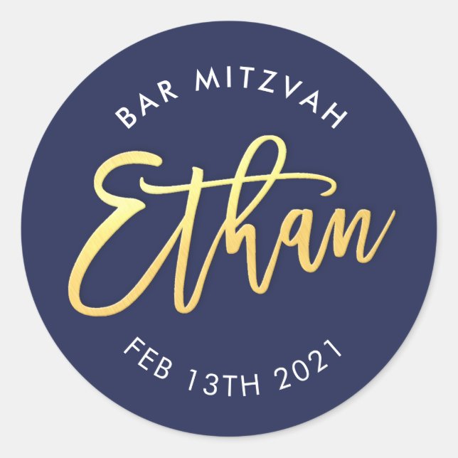 CUSTOM Bar Mitzvah for Ethan navy + gold Classic Round Sticker (Front)