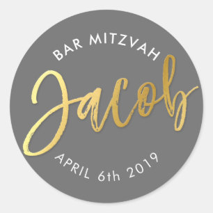 CUSTOM Bar Mitzvah for Jacob grey + faux gold Classic Round Sticker
