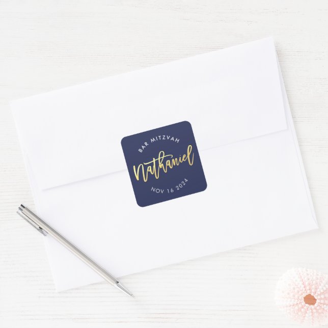 CUSTOM Bar Mitzvah for navy + gold Nathaniel Square Sticker (Envelope)