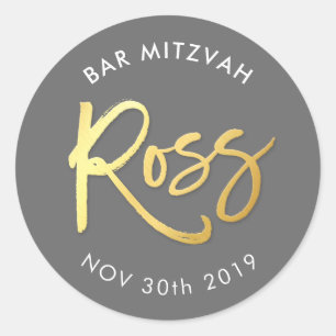 CUSTOM Bar Mitzvah for Ross cool grey faux gold Classic Round Sticker