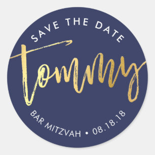CUSTOM Bar Mitzvah for Tommy navy + gold Classic Round Sticker