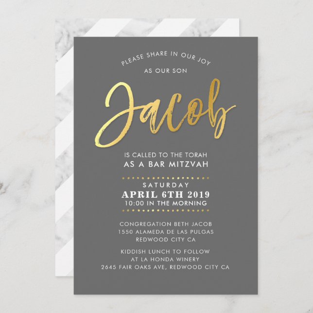 CUSTOM Bar Mitzvah Invite for Jacob grey + gold (Front/Back)