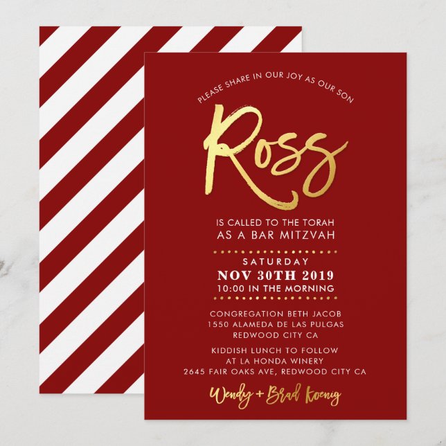CUSTOM Bar Mitzvah Invite for Ross red + gold (Front/Back)