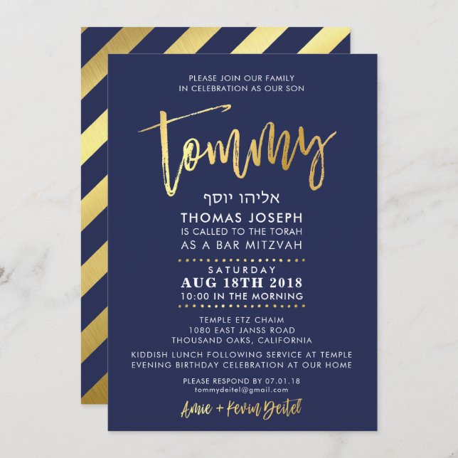 CUSTOM Bar Mitzvah Invite for Tommy navy + gold (Front/Back)