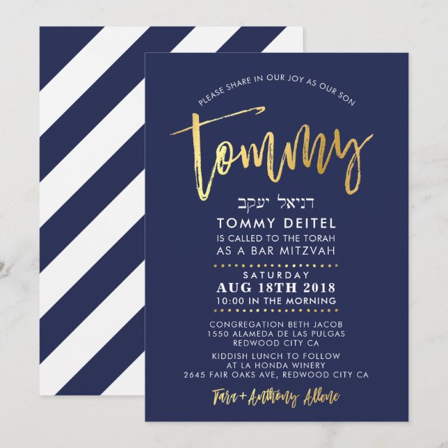 CUSTOM Bar Mitzvah Invite for Tommy navy + gold (Front/Back)