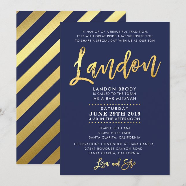 CUSTOM Bar Mitzvah Invite navy blue + gold LANDON (Front/Back)