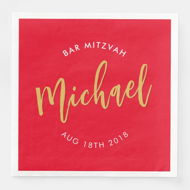 CUSTOM Bar Mitzvah lunch red gold calligraphy Napkin (Front)