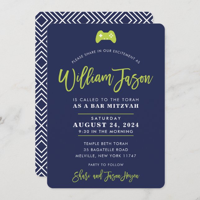 CUSTOM Bar Mitzvah modern contoller navy lime Invitation (Front/Back)