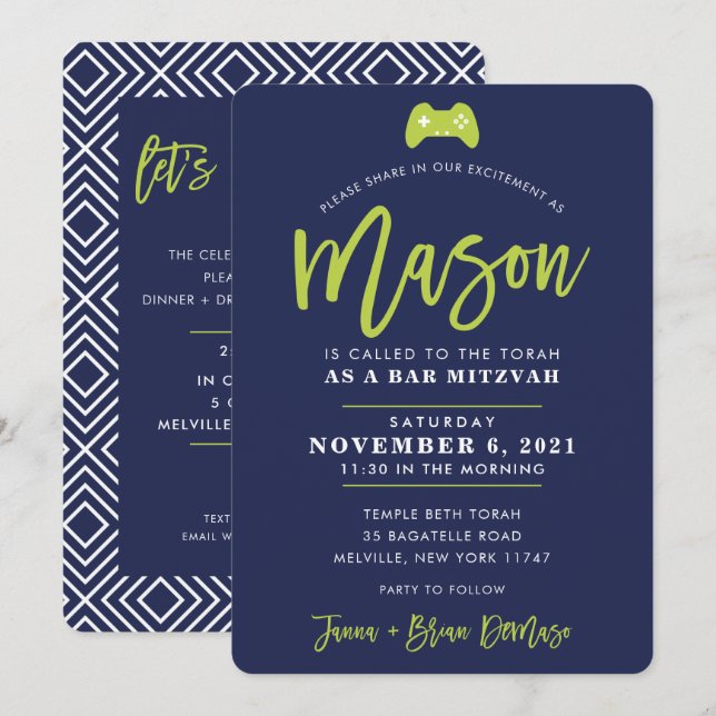 CUSTOM Bar Mitzvah modern gaming navy + lime MASON Invitation (Front/Back)