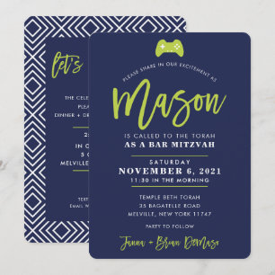 CUSTOM Bar Mitzvah modern gaming navy + lime MASON Invitation