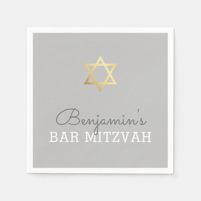 CUSTOM Bar Mitzvah modern gold star grey Napkin (Front)
