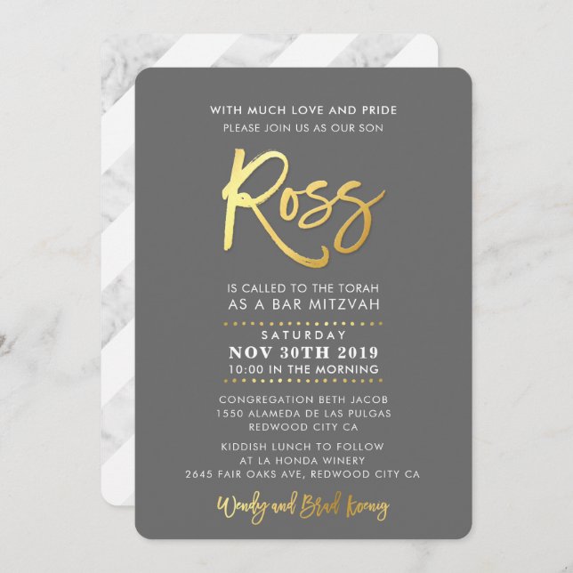 CUSTOM Bar Mitzvah modern grey + gold script ROSS Invitation (Front/Back)
