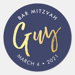 CUSTOM Bar Mitzvah modern navy + gold name GUY Classic Round Sticker