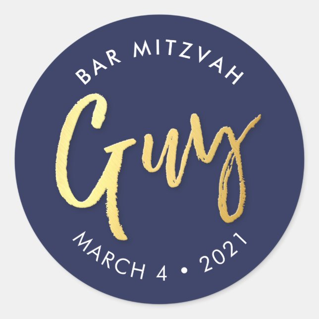 CUSTOM Bar Mitzvah modern navy + gold name GUY Classic Round Sticker (Front)
