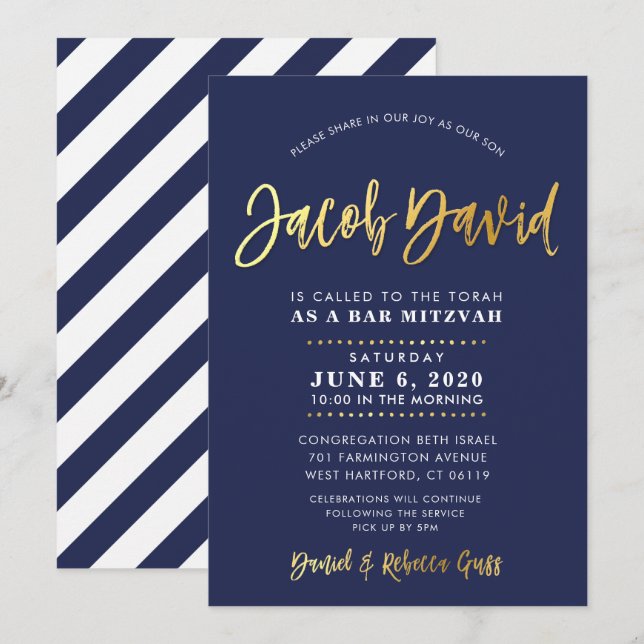 CUSTOM Bar Mitzvah modern navy + gold name JACOB Invitation (Front/Back)