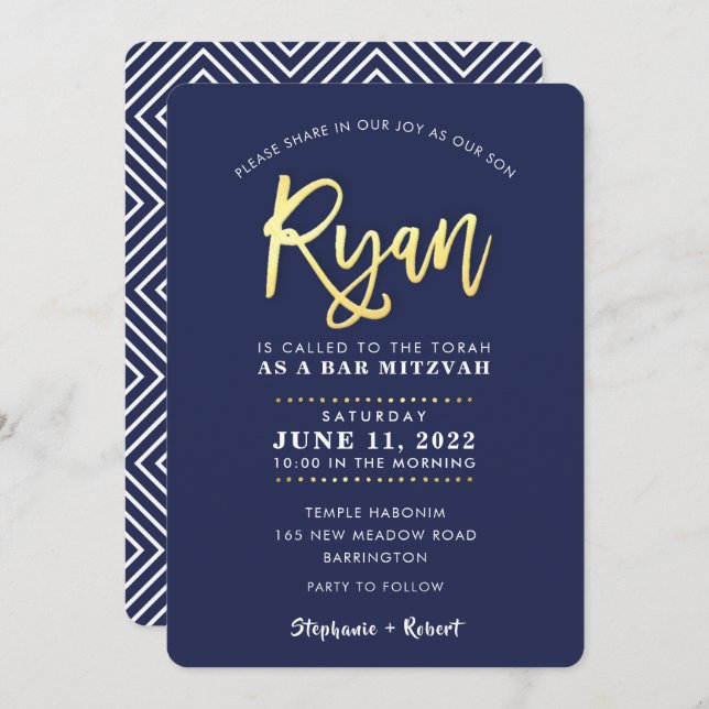 CUSTOM Bar Mitzvah modern navy + gold name RYAN In Invitation (Front/Back)