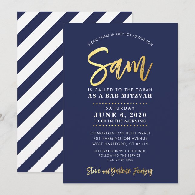 CUSTOM Bar Mitzvah modern navy + gold name SAM Invitation (Front/Back)